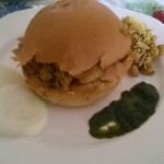 Bun Chole(Burger Buns slit and layered with spiced chickpeas)