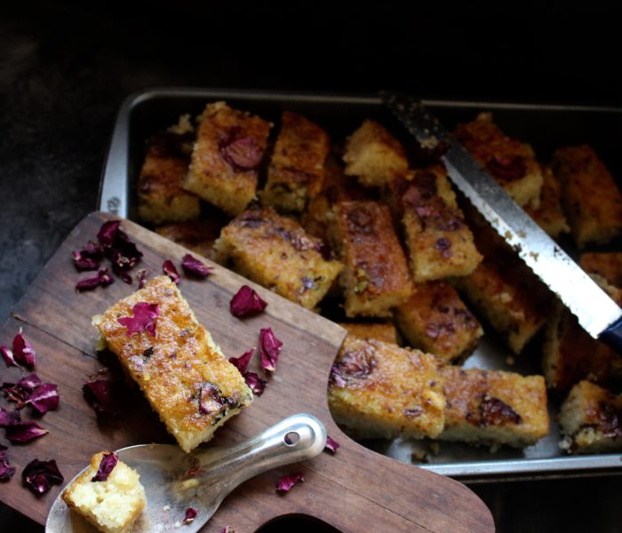 Semolina Yogurt Rose Petal Cake/Rose Flavoured Basbousa